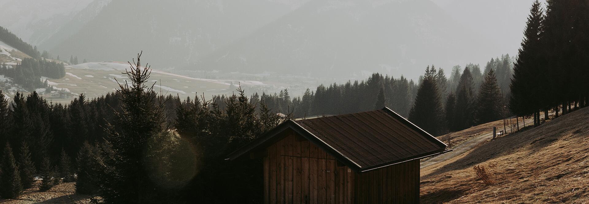Frühling in den Bergen im Tannheimer Tal mit Holzhütte und schneebedeckten Gipfeln | Der Engel in Tirol